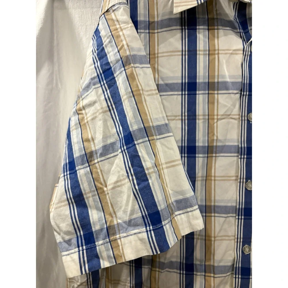 South Pole Men's XL Blue Tan Plaid Button Up Shirt Short Sleeve 100% Cotton Y2K